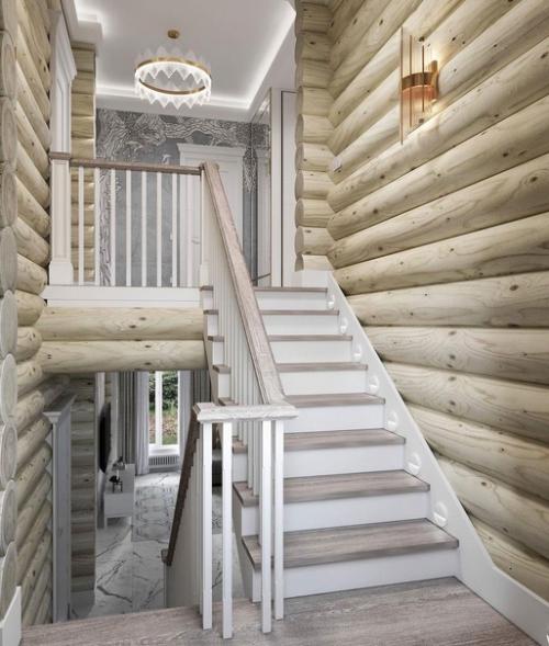 Светлый элегантный интерьер дома из бревна. 06