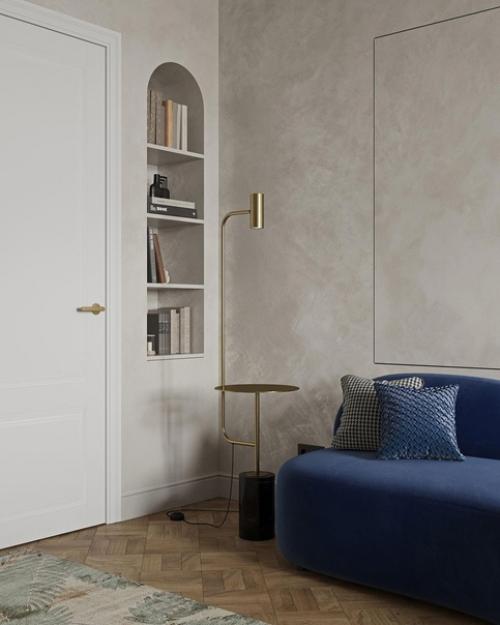 Зона гостиной.  Весь дизайн построен на контрасте четкой геометрии и округлых форм, плавных линий. 03