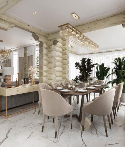 Светлый элегантный интерьер дома из бревна. 01