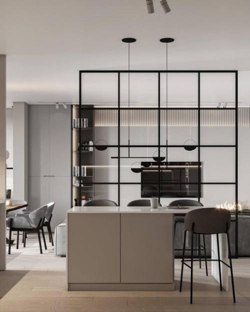 Интерьер кухни - гостиной, прихожей в современном стиле в светло-бежевых тонах. 05