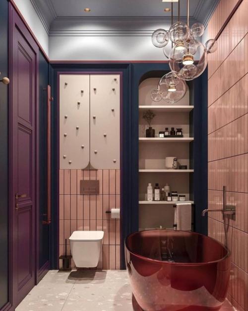 Сочный и очень насыщенный интерьер ванной комнаты. 04