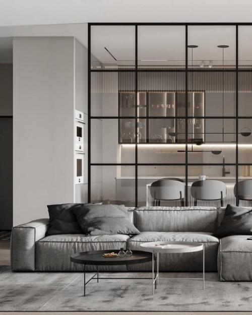 Интерьер кухни - гостиной, прихожей в современном стиле в светло-бежевых тонах. 02