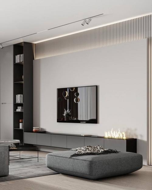 Интерьер кухни - гостиной, прихожей в современном стиле в светло-бежевых тонах. 03