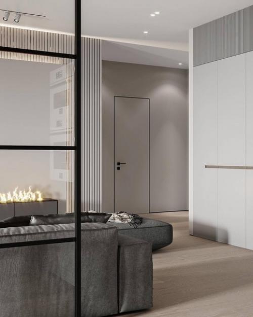 Интерьер кухни - гостиной, прихожей в современном стиле в светло-бежевых тонах. 04