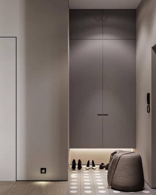 Интерьер кухни - гостиной, прихожей в современном стиле в светло-бежевых тонах. 07