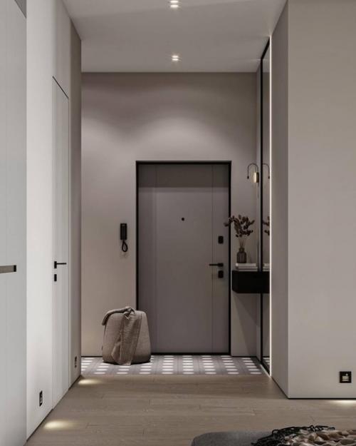 Интерьер кухни - гостиной, прихожей в современном стиле в светло-бежевых тонах. 08