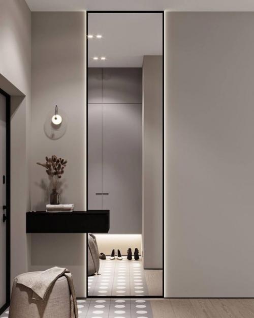 Интерьер кухни - гостиной, прихожей в современном стиле в светло-бежевых тонах. 09