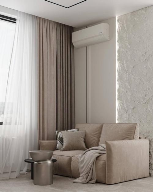 Светлый современный интерьер компактной кухни в приятной воздушной цветовой гамме. 03