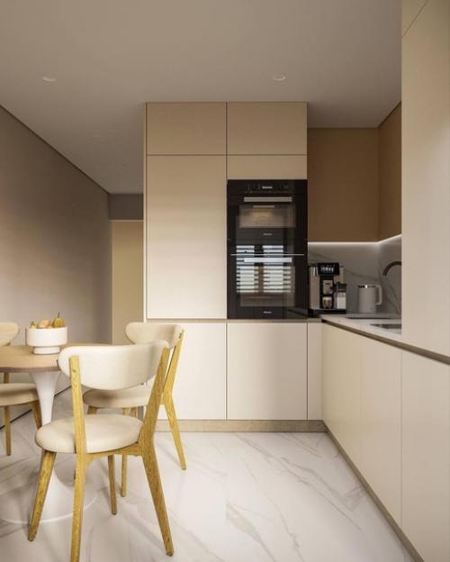 Современный минималистичный интерьер квартиры в тёплых оттенках. 01