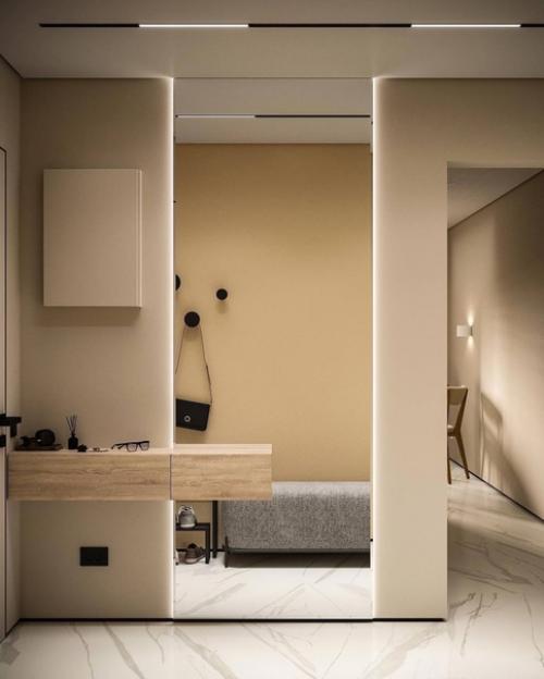 Современный минималистичный интерьер квартиры в тёплых оттенках. 03