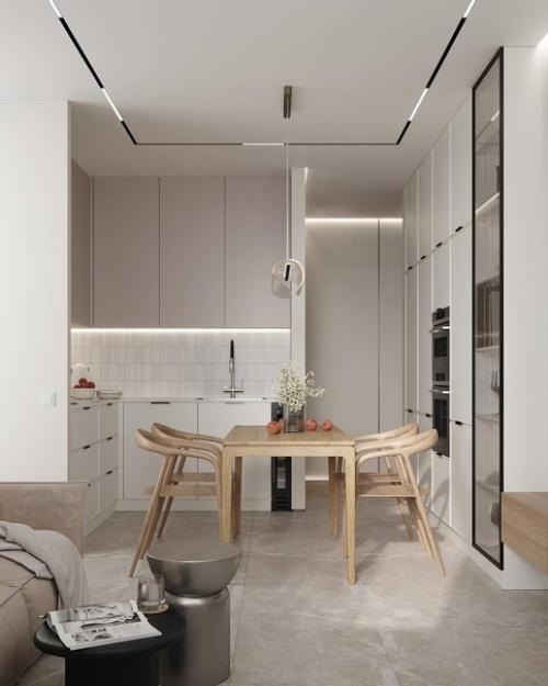 Светлый современный интерьер компактной кухни в приятной воздушной цветовой гамме. 05