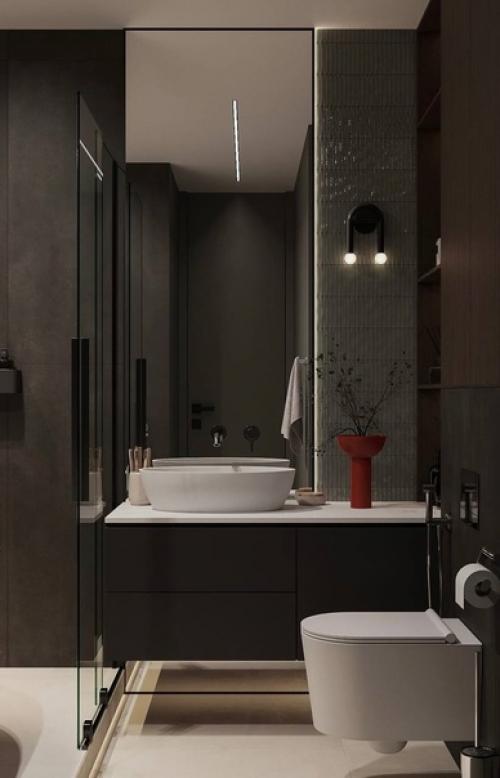 Стильный тёмный интерьер ванной комнаты с контрастной сантехникой. 02