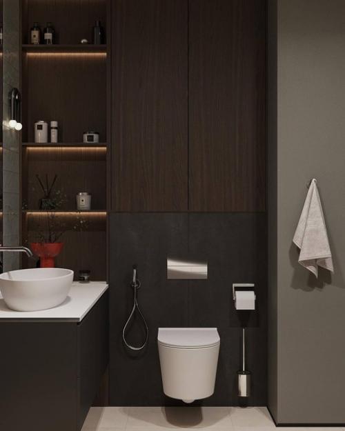 Стильный тёмный интерьер ванной комнаты с контрастной сантехникой. 04