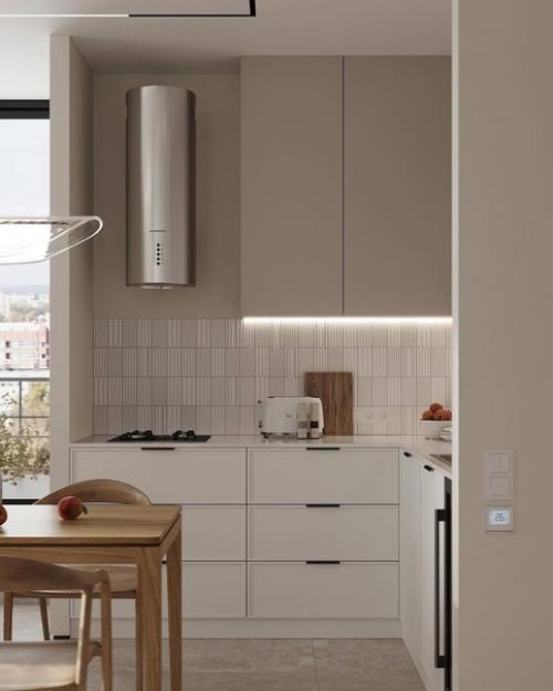 Светлый современный интерьер компактной кухни в приятной воздушной цветовой гамме. 04