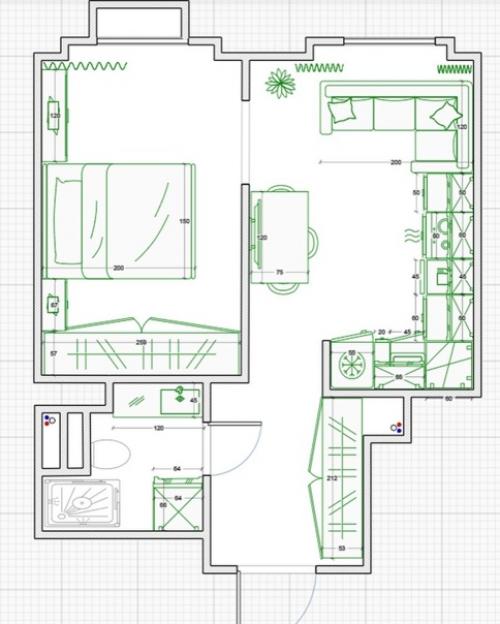 Квартира 33 м 2 для взрослой женщины, которая живет одна, но к ней часто приезжают гости с ночевкой листайте влево, чтобы посмотреть планировку. 09