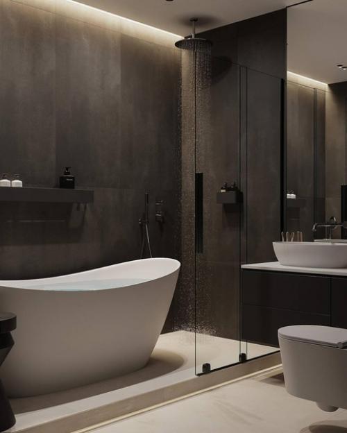 Стильный тёмный интерьер ванной комнаты с контрастной сантехникой. 01