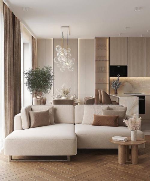 Интерьер кухни - гостиной в кремовых оттенках. 06