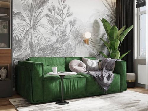 Интерьер жилой комнаты с ярким диваном и красивым цветком. 01