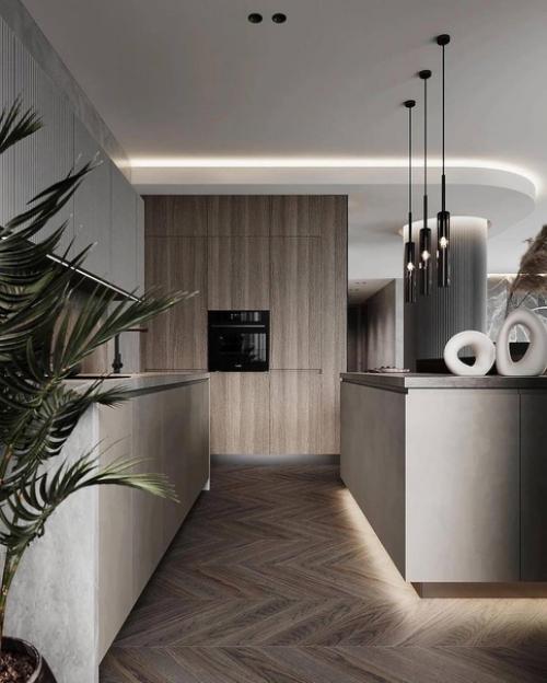 Современный интерьер кухни в серых оттенках с деревянными элементами. 04