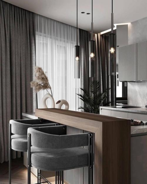 Современный интерьер кухни в серых оттенках с деревянными элементами. 08