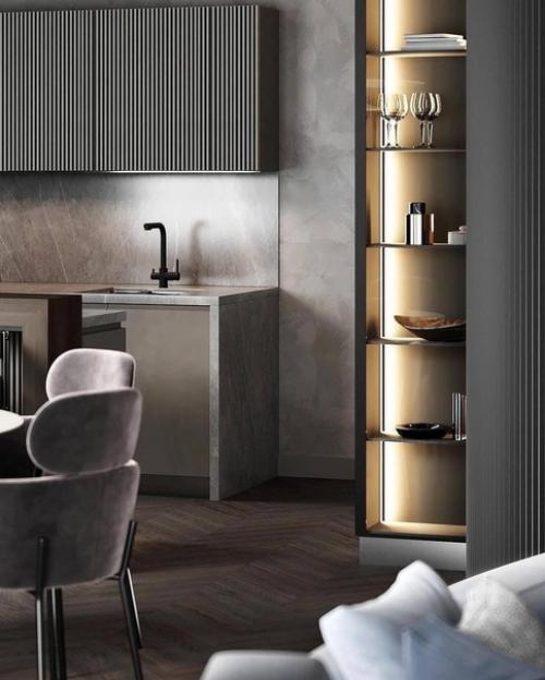 Современный интерьер кухни в серых оттенках с деревянными элементами. 05