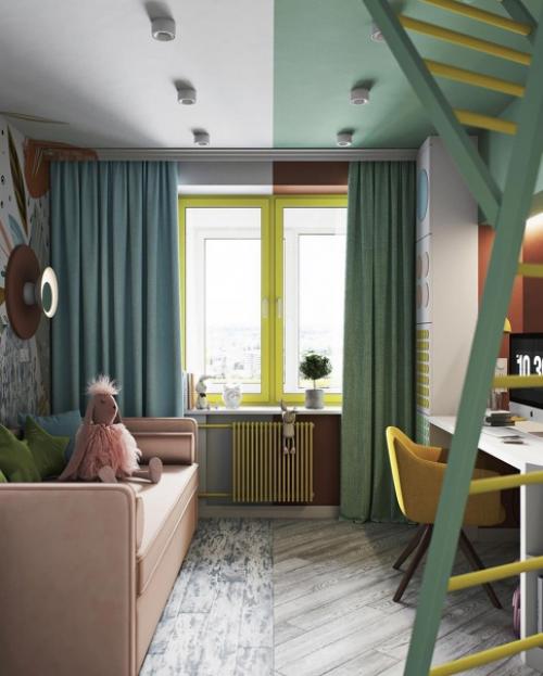 Дизайн детской комнаты рекомендуется распределять помещение на зоны: для отдыха, занятий и спорта. 01