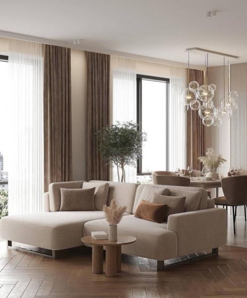 Интерьер кухни - гостиной в кремовых оттенках. 03