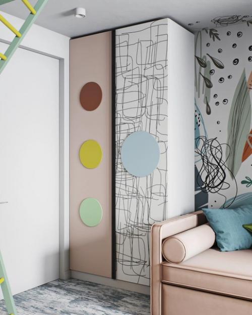 Дизайн детской комнаты рекомендуется распределять помещение на зоны: для отдыха, занятий и спорта. 03