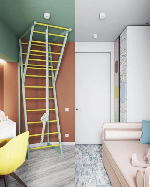 Дизайн детской комнаты рекомендуется распределять помещение на зоны: для отдыха, занятий и спорта. 04