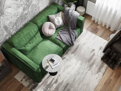 Интерьер жилой комнаты с ярким диваном и красивым цветком. 02