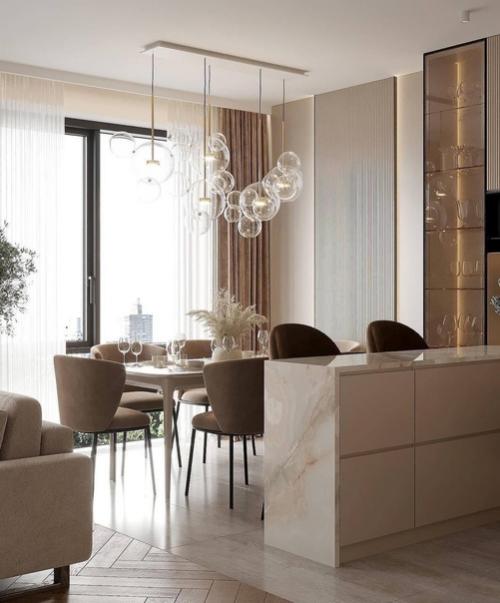 Интерьер кухни - гостиной в кремовых оттенках. 02