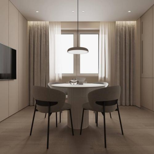 Интерьер минималистичной кухни в светло-бежевых тонах. 01