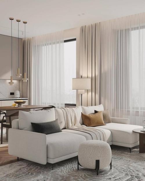 Интерьер кухни - гостиной в светлых тонах. 04