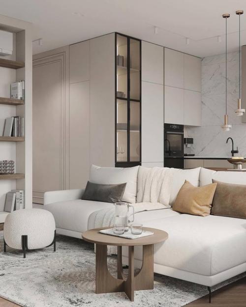 Интерьер кухни - гостиной в светлых тонах. 01