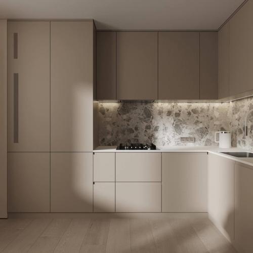 Интерьер минималистичной кухни в светло-бежевых тонах. 02