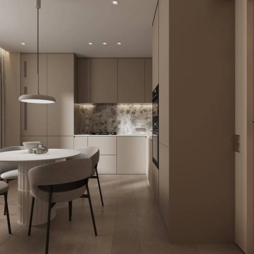Интерьер минималистичной кухни в светло-бежевых тонах. 05