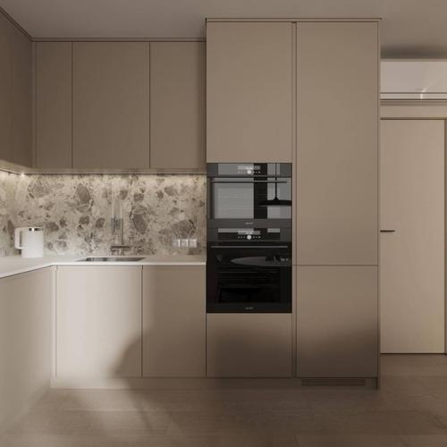 Интерьер минималистичной кухни в светло-бежевых тонах. 04