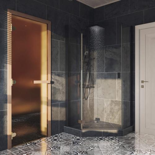 Раздевалка с душевой перед сауной в загородном доме. 01