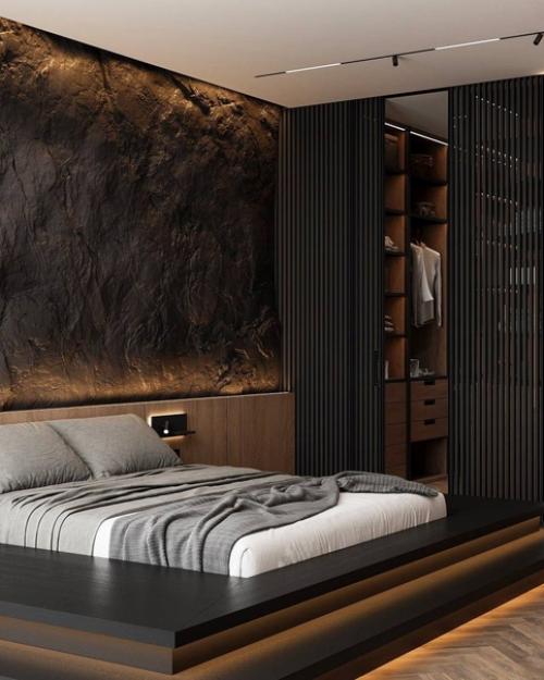 Интерьер спальни с акцентом на кровати и стене за изголовьем. 03