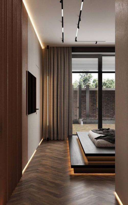 Интерьер спальни с акцентом на кровати и стене за изголовьем. 06