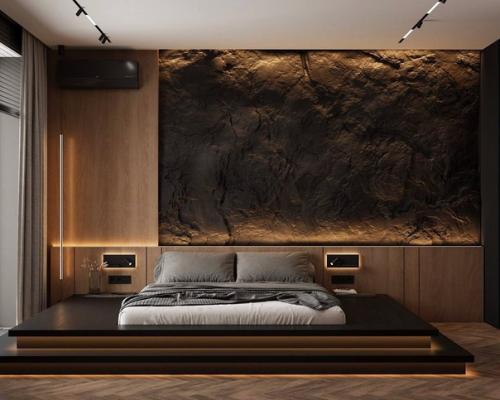 Интерьер спальни с акцентом на кровати и стене за изголовьем. 01