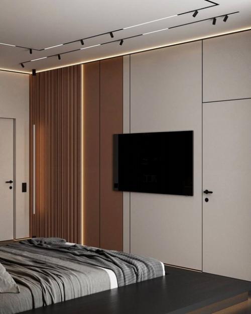 Интерьер спальни с акцентом на кровати и стене за изголовьем. 05