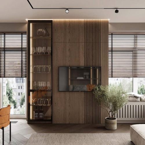 Интерьер кухни - гостиной с островом и площадью 35 m. 04