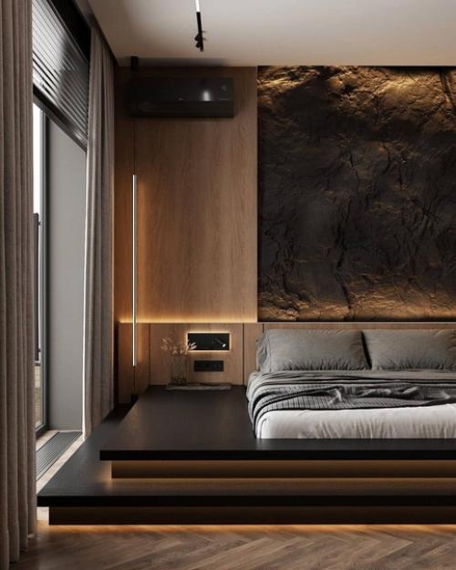 Интерьер спальни с акцентом на кровати и стене за изголовьем. 02