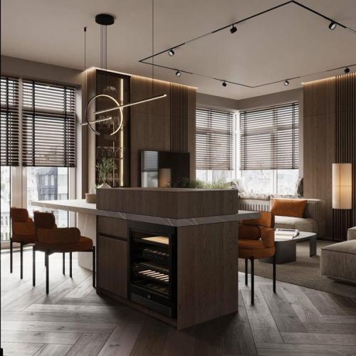 Интерьер кухни - гостиной с островом и площадью 35 m. 02