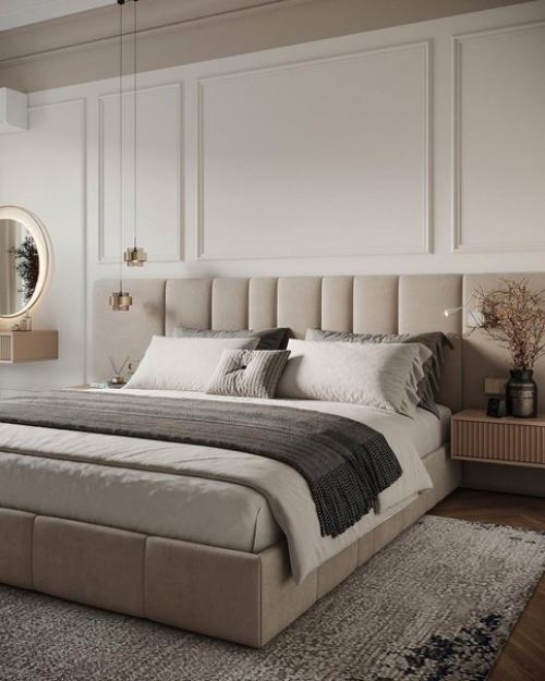 Интерьер спальни в светлых оттенках. 01