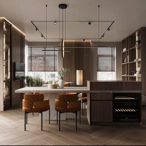 Интерьер кухни - гостиной с островом и площадью 35 m. 01