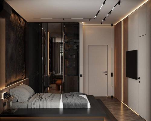 Интерьер спальни с акцентом на кровати и стене за изголовьем. 04