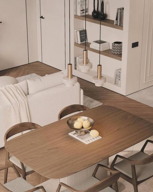 Уютный и стильный интерьер кухни - гостиной в светлых тонах. 01