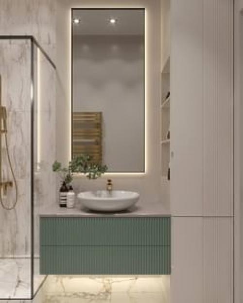 Стильный санузел. Лаконичный дизайн и свежая цветовая гамма всегда очень удачно вписываются в небольшие пространства, особенно если это санузел. 03